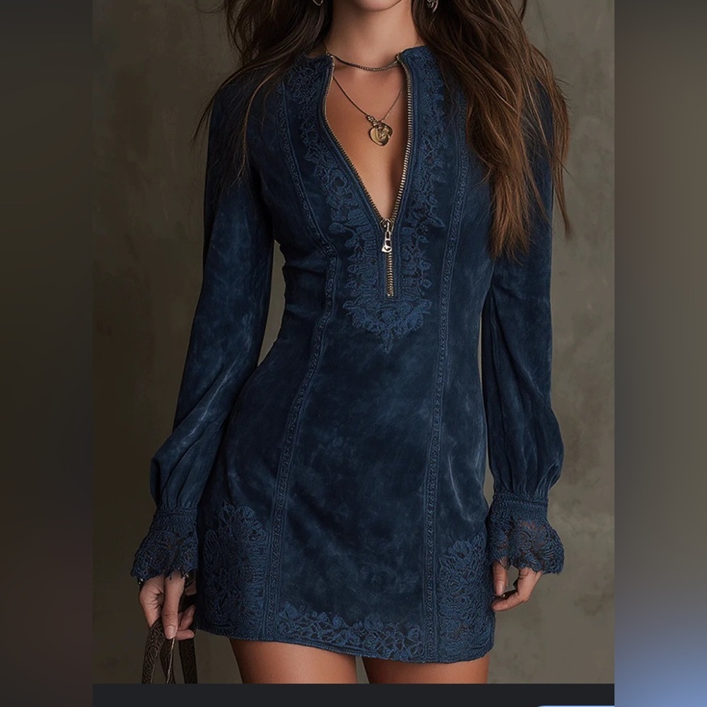 FuTario Navy Blue Embroidered Tunic/Dress with Zipper Medium